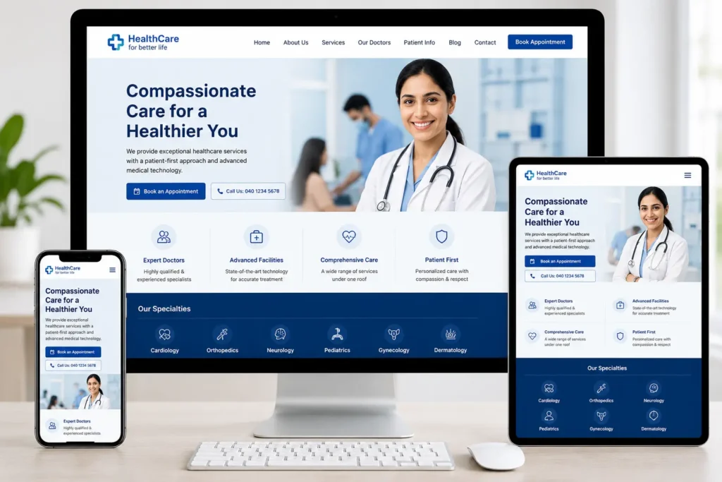 Responsive healthcare website design displayed across desktop, tablet and smartphone devices