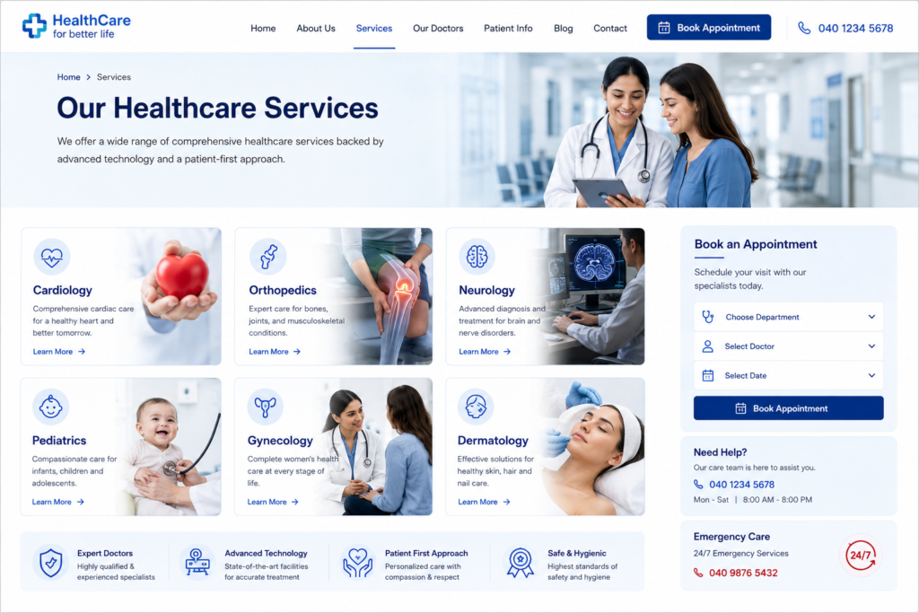 Healthcare website service page displaying medical specialities with clear information and appointment buttons