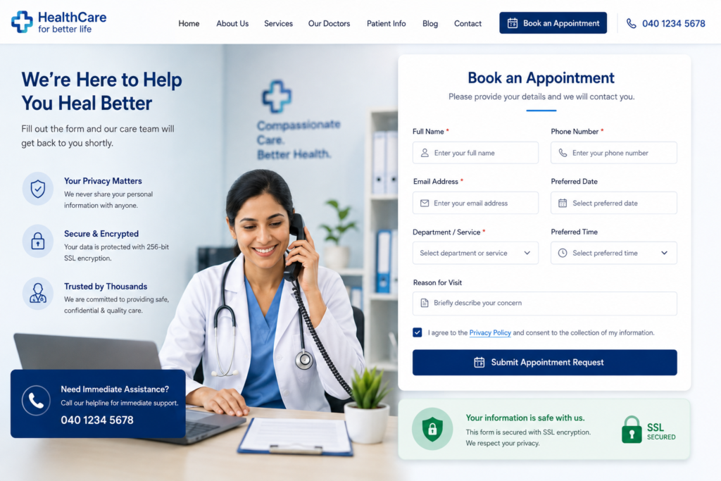 Secure healthcare appointment form with privacy information and patient data protection messaging