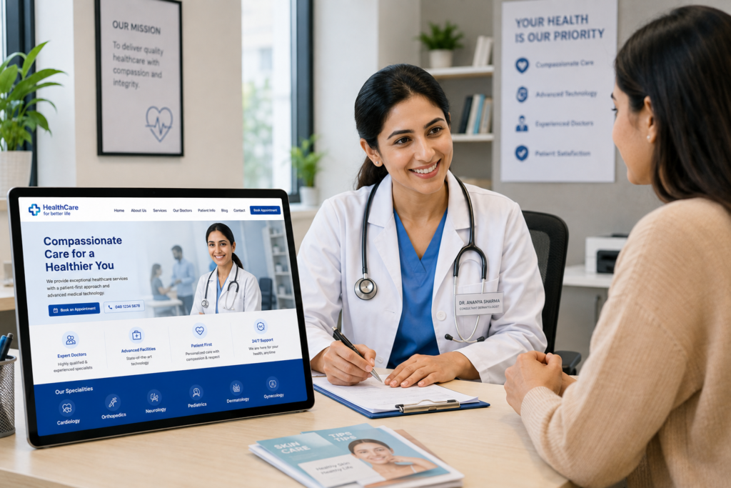 Doctor consulting with a patient inside a modern healthcare clinic